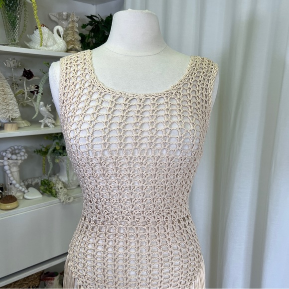 12th Tribe Dresses 2th Tribe Cream Crochet Dress With Fringe And